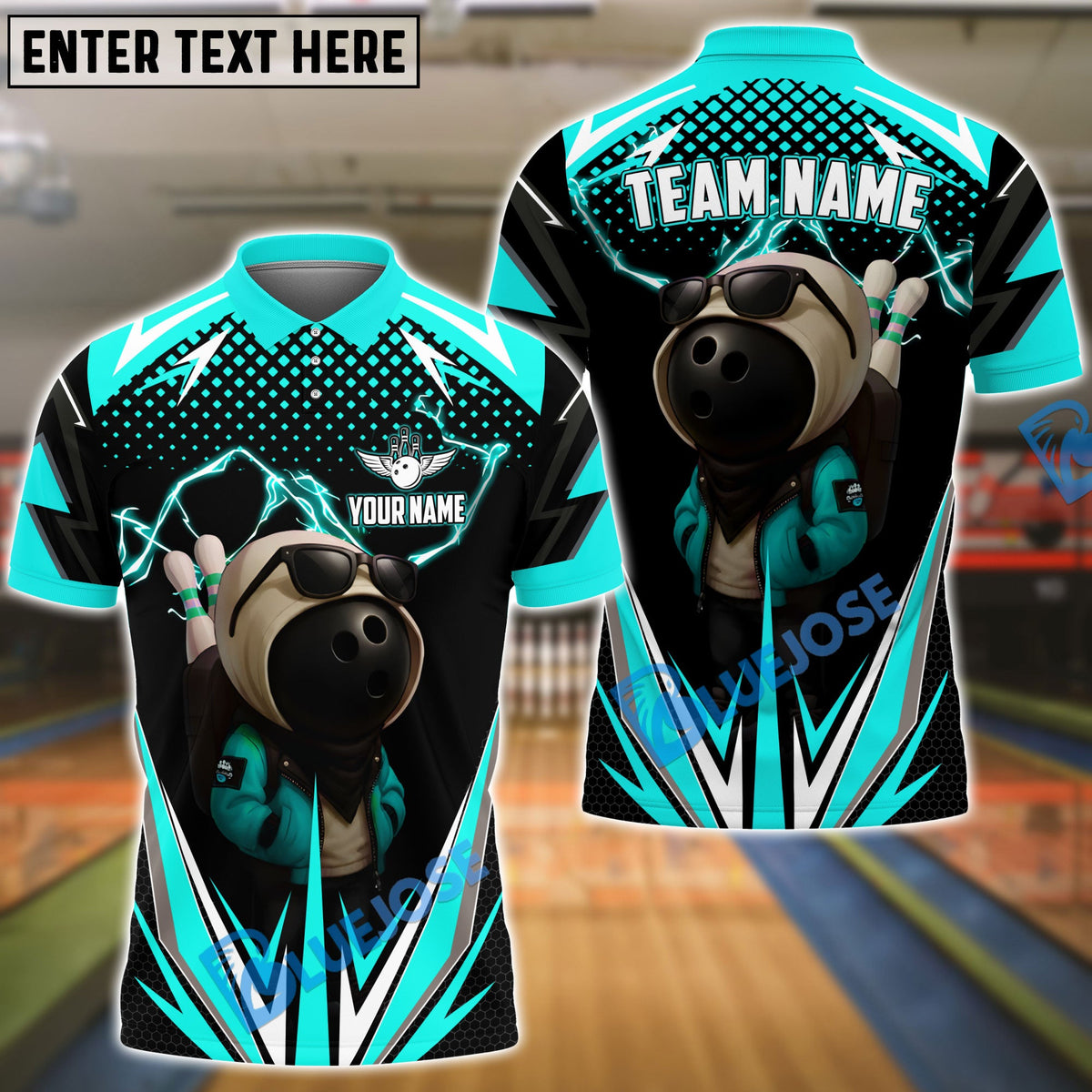 BlueJose Bowling And Pins Lightning Bowling Ball Character Customized Name, Team Name 3D Shirt (4 Colors)