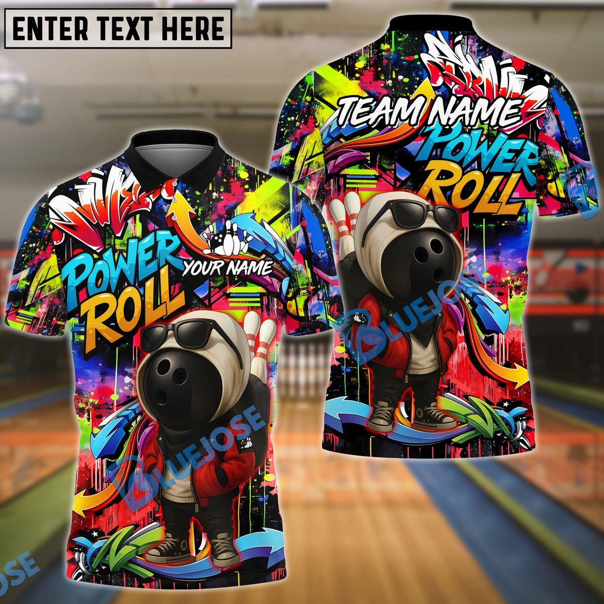 BlueJose Bowling And Pins Graffiti Ball Character Power Roll Customized Name, Team Name 3D Shirt (4 Colors)