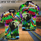 BlueJose Bowling And Pins Graffiti Ball Character Power Roll Customized Name, Team Name 3D Shirt (4 Colors)