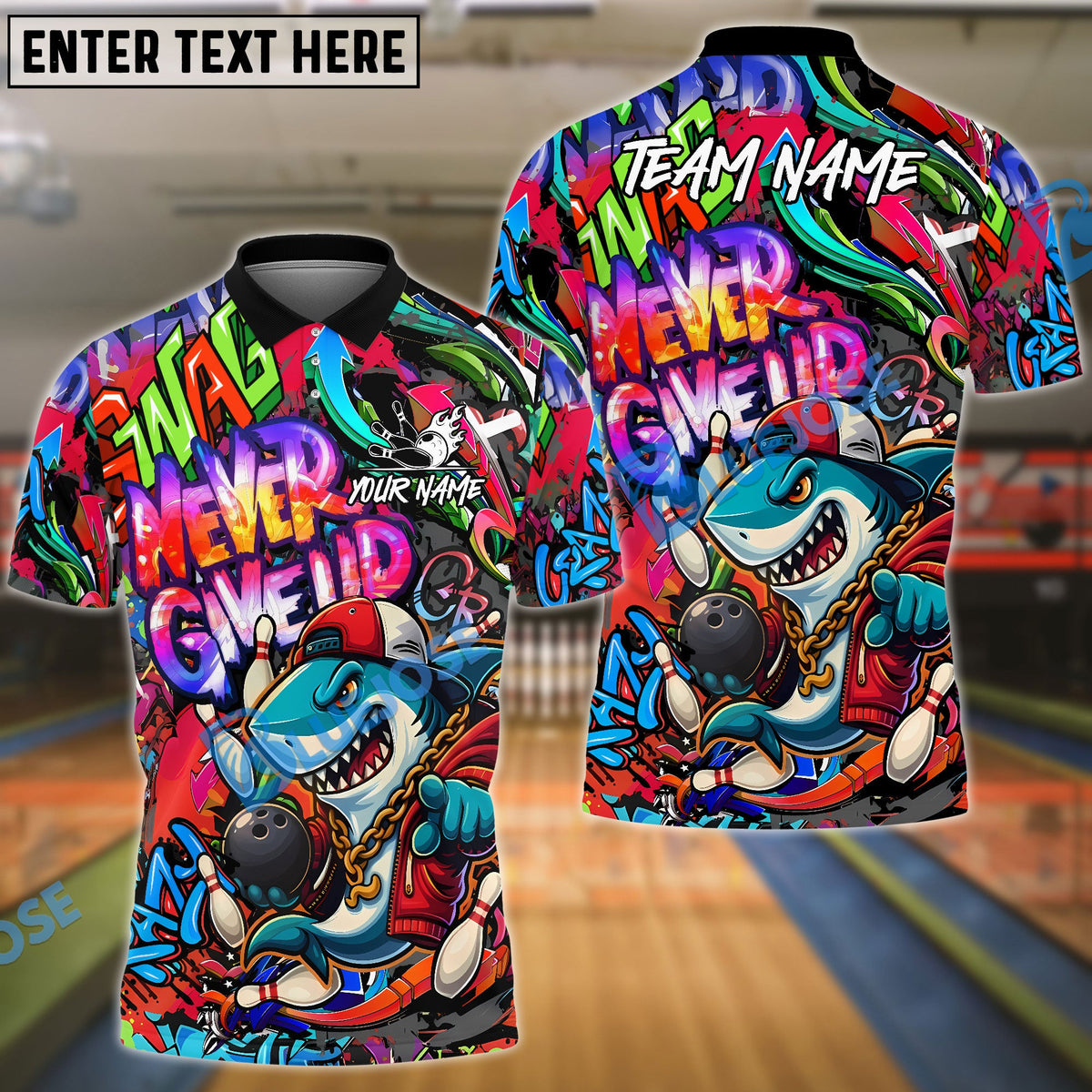 BlueJose Bowling And Pins Graffiti Hip Hop Shark Never Give Up Customized Name, Team Name 3D Shirt (4 Colors)