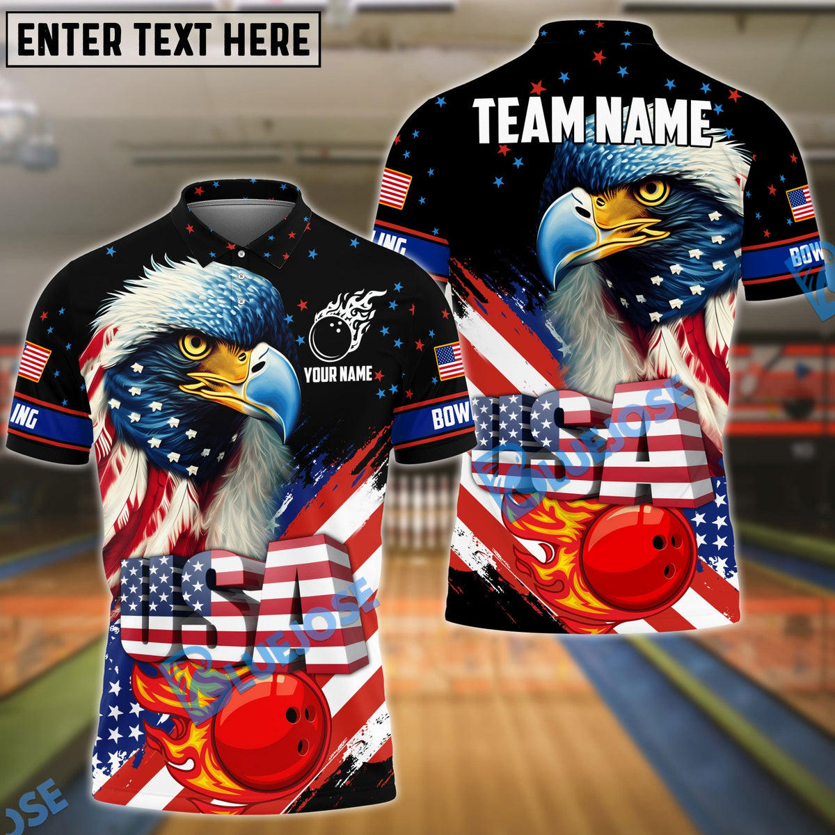 BlueJose Bowling And Pins Eagle Flag Star Customized Name, Team Name 3D Shirt (4 Colors)