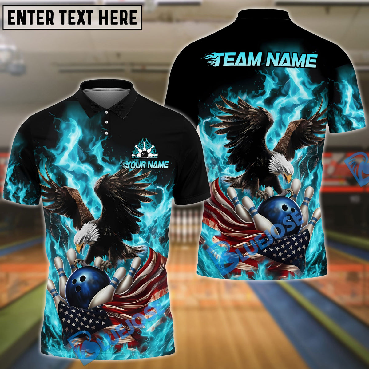 BlueJose Bowling & Pins Burning Eagle American Flag Patriot Customized Name, Team Name 3D Shirt (4 Colors)