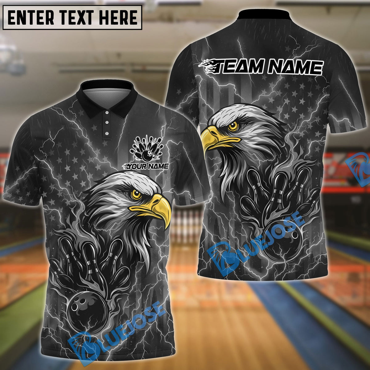 BlueJose Bowling & Pins Lightning Eagle American Flag Gray Customized Name, Team Name 3D Shirt (6 Colors)