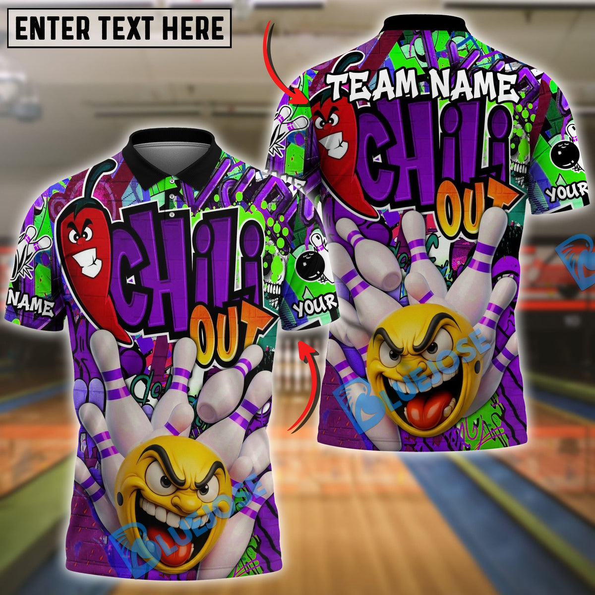 BlueJose Bowling & Pins Funny Pepper Chili Out Customized Name, Team Name 3D Shirt (4 Colors)