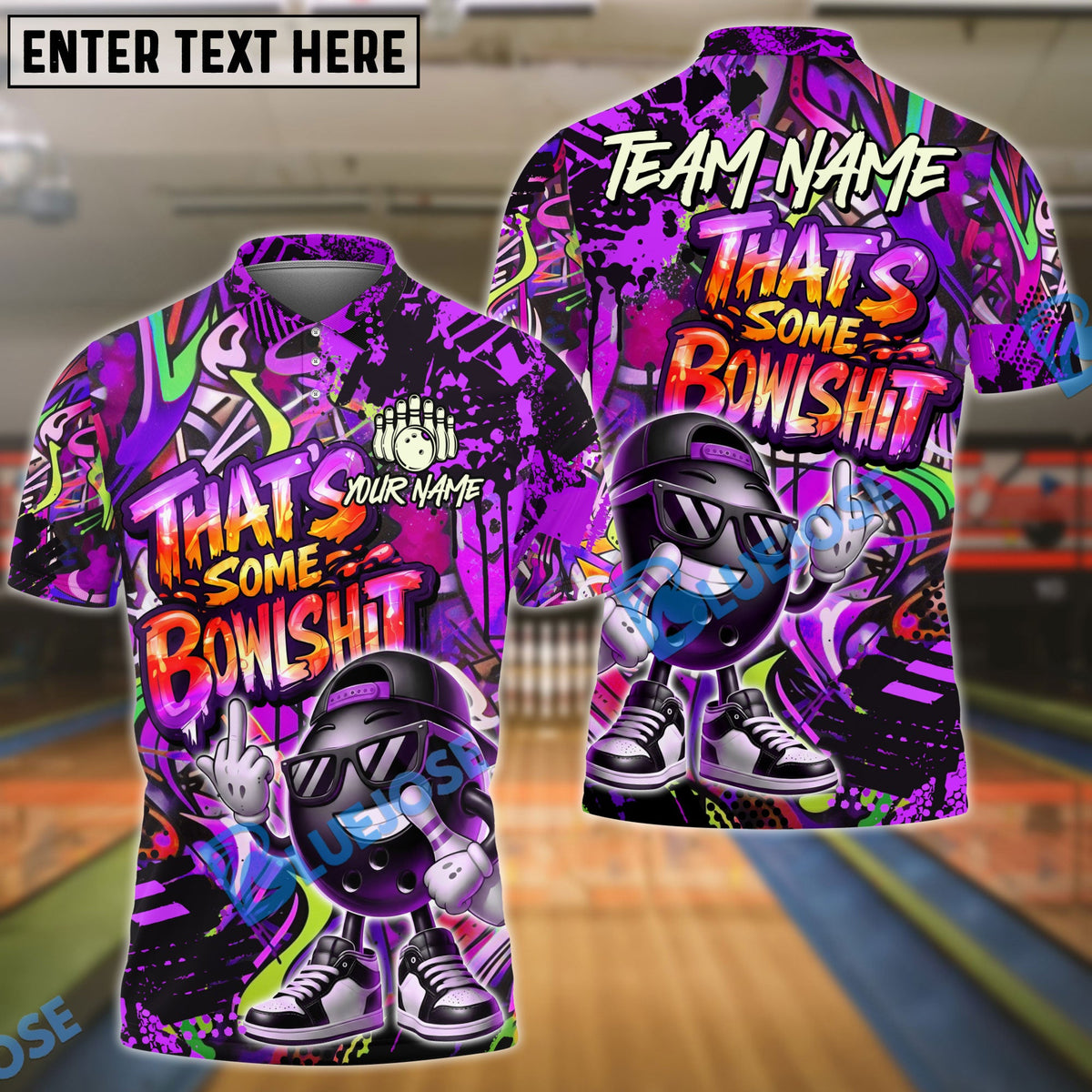 BlueJose Bowling & Pins  Funny Graffiti Cool Cartoon Street Art Design That's Some Bowlshit Customized Name, Team Name 3D Shirt (4 Colors)