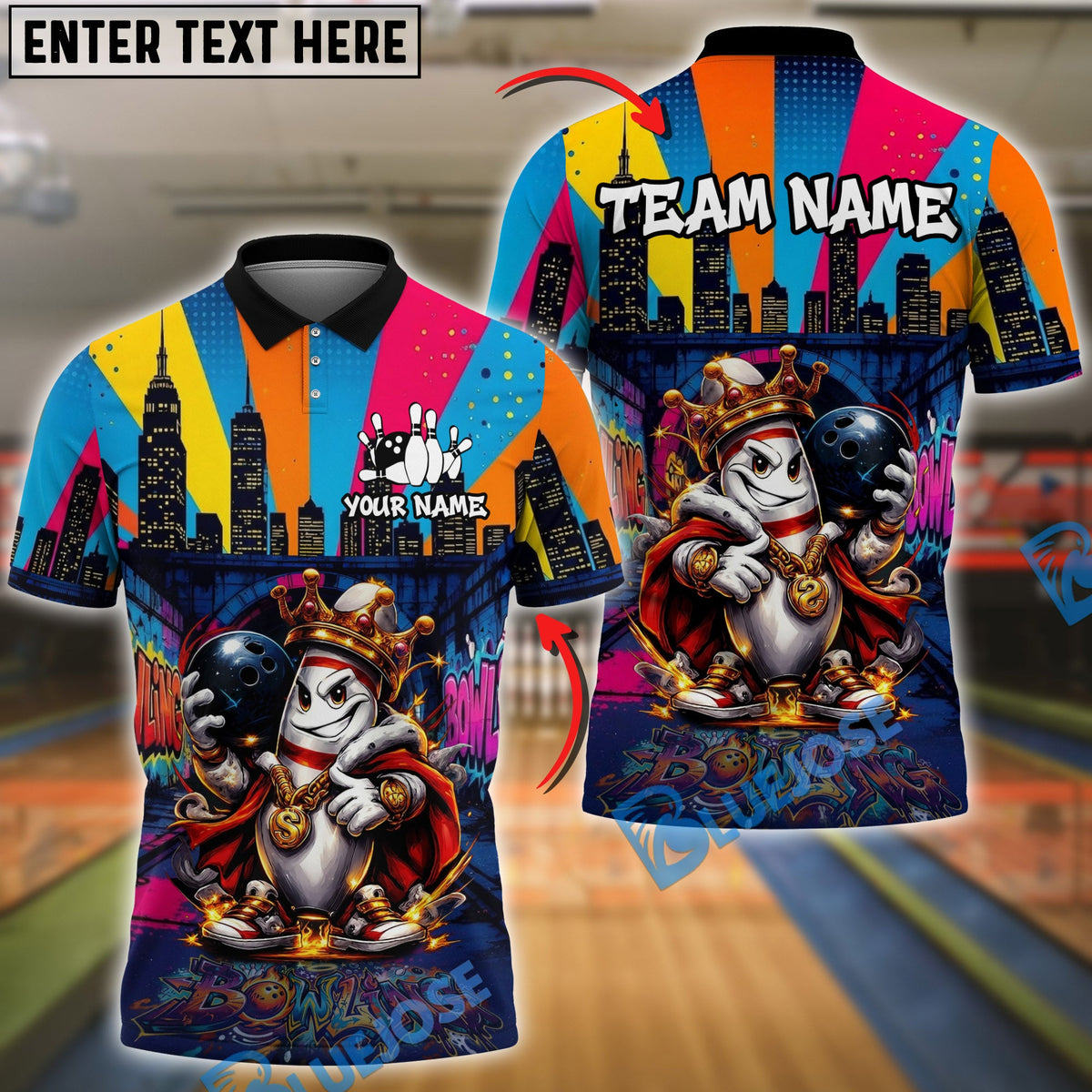 BlueJose Bowling & Pins Graffiti Street Lane King Customized Name, Team Name 3D Shirt (4 Colors)