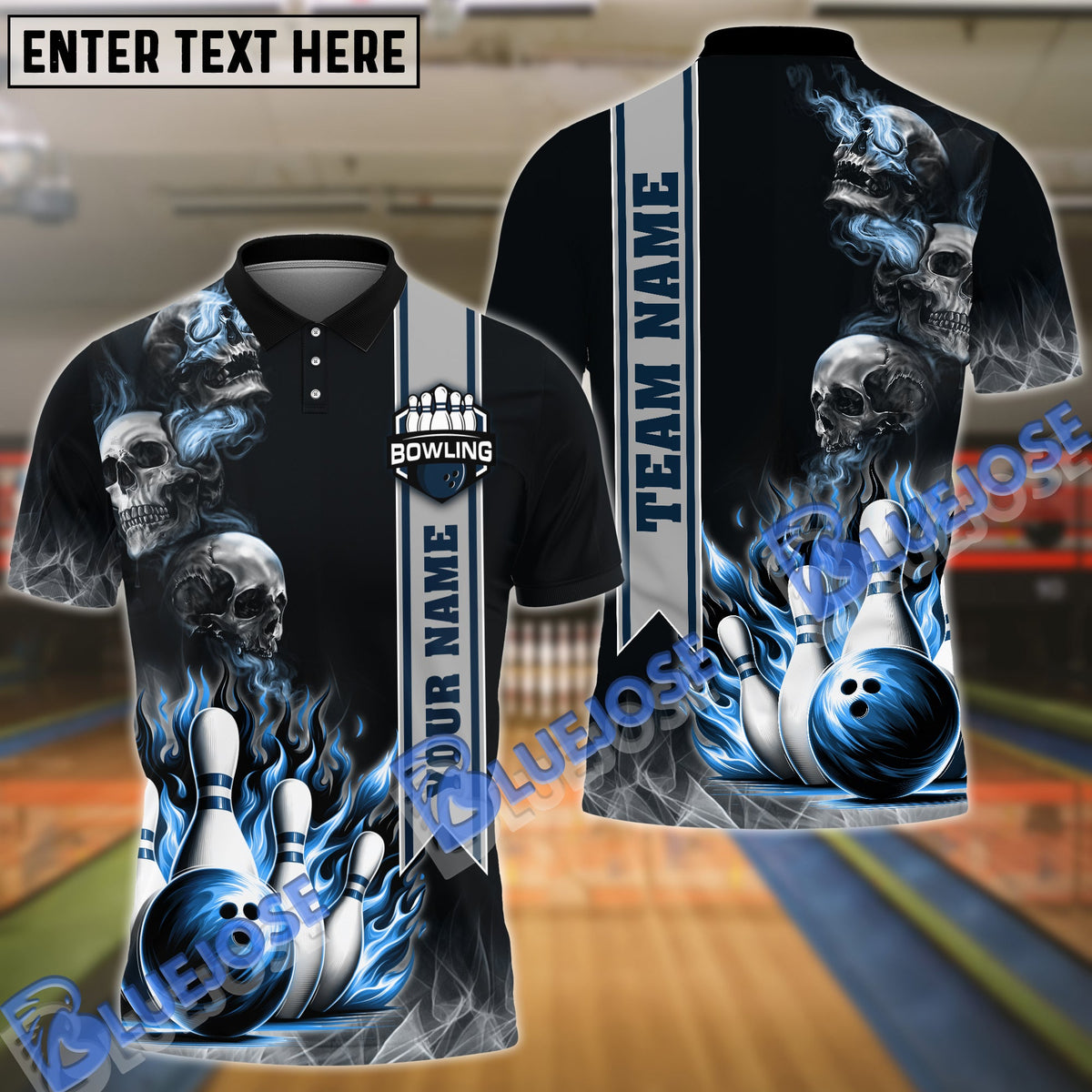BlueJose Bowling And Pins Smoke Skull Gang Multicolor Customized Name 3D Shirt (4 Colors)