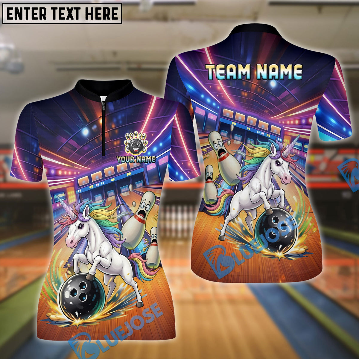 BlueJose Bowling And Pins Funny Cute Unicorn Strike Customized Name, Team Name 3D Shirt