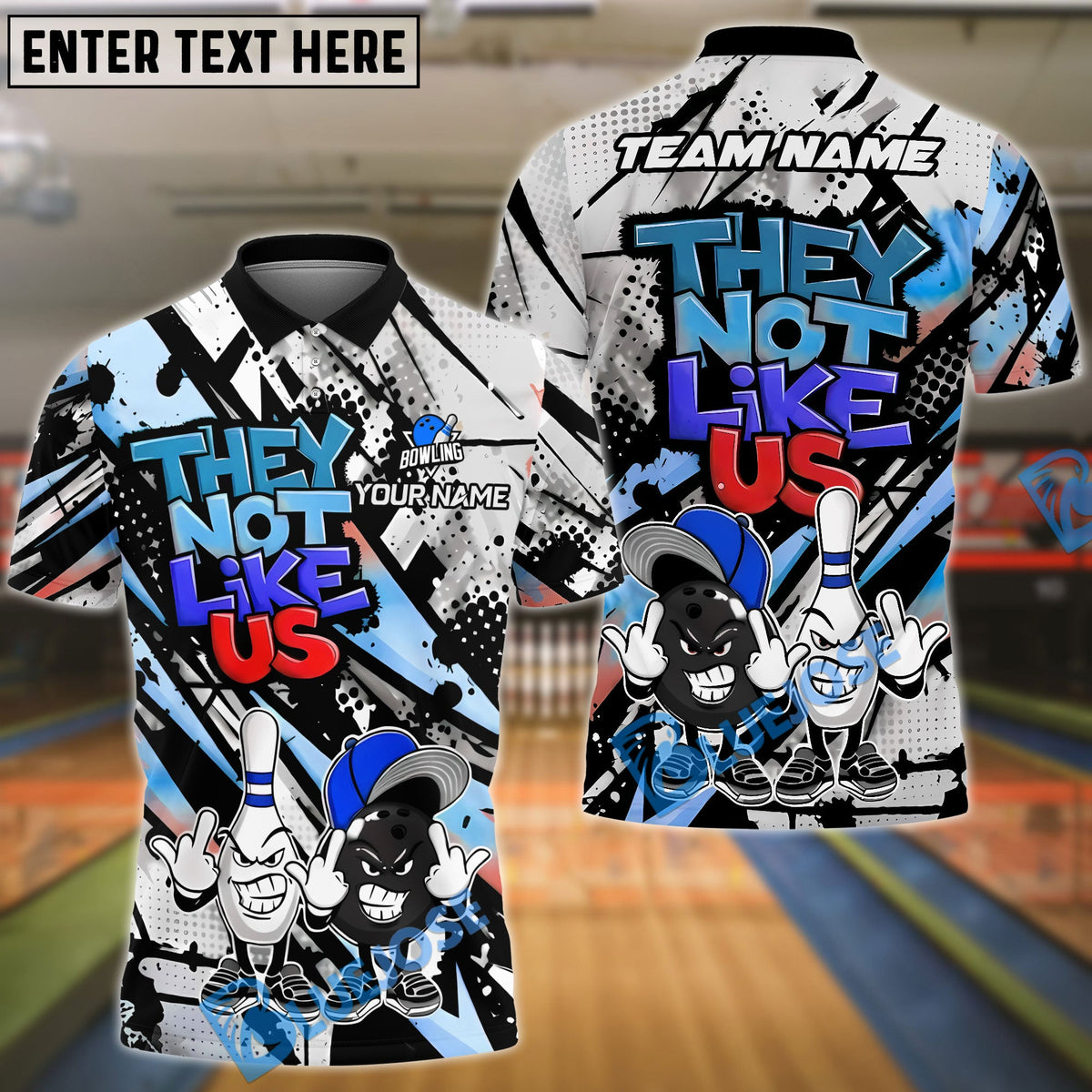 BlueJose Bowling & Pins Street Art ‚ÄúThey Not Like Us‚Äù Cartoon Customized Name, Team Name 3D Shirt (4 Colors)