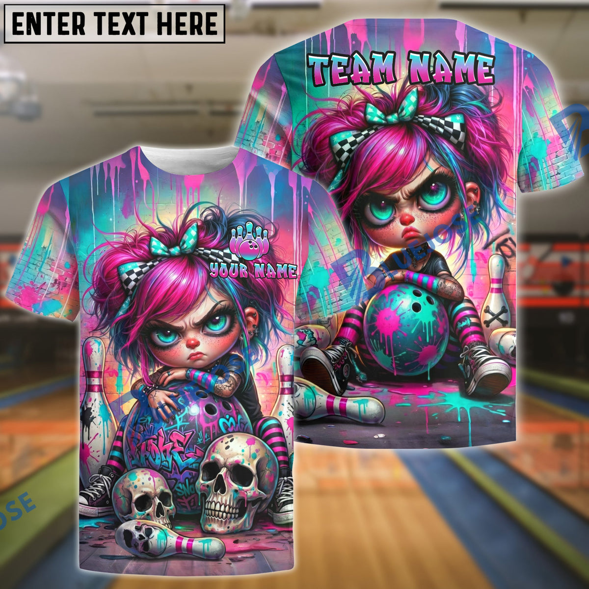 BlueJose Bowling And Pins Punk Girl Skull Graffiti Customized Name, Team Name 3D Shirt