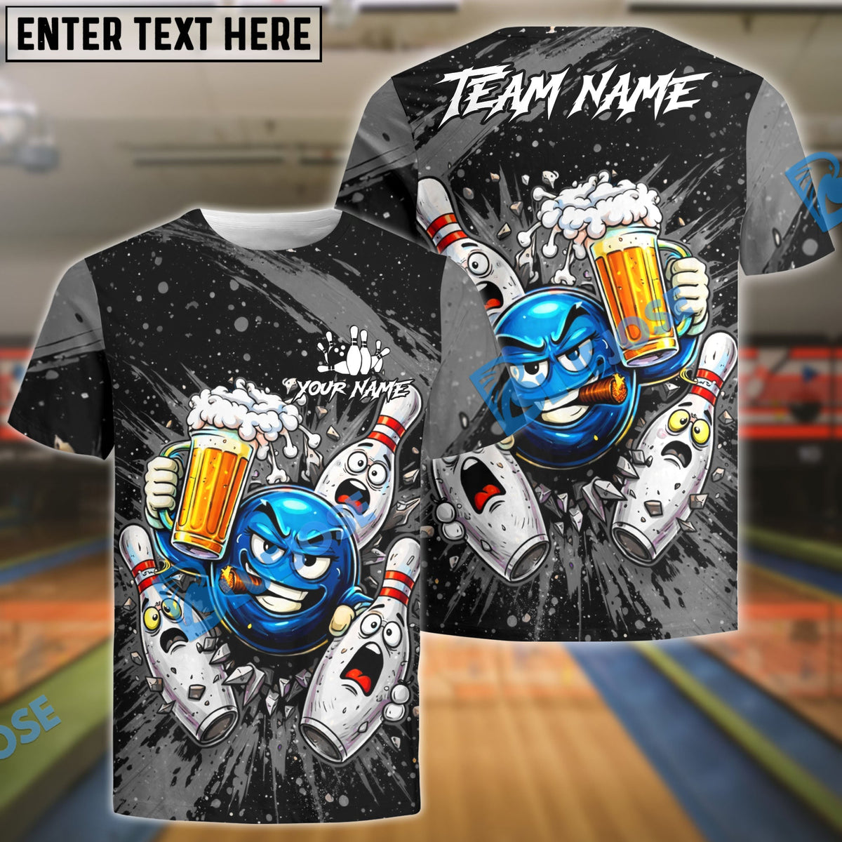BlueJose Bowling & Pins Beer Party Funny Cartoon Customized Name, Team Name 3D Shirt (6 Colors)