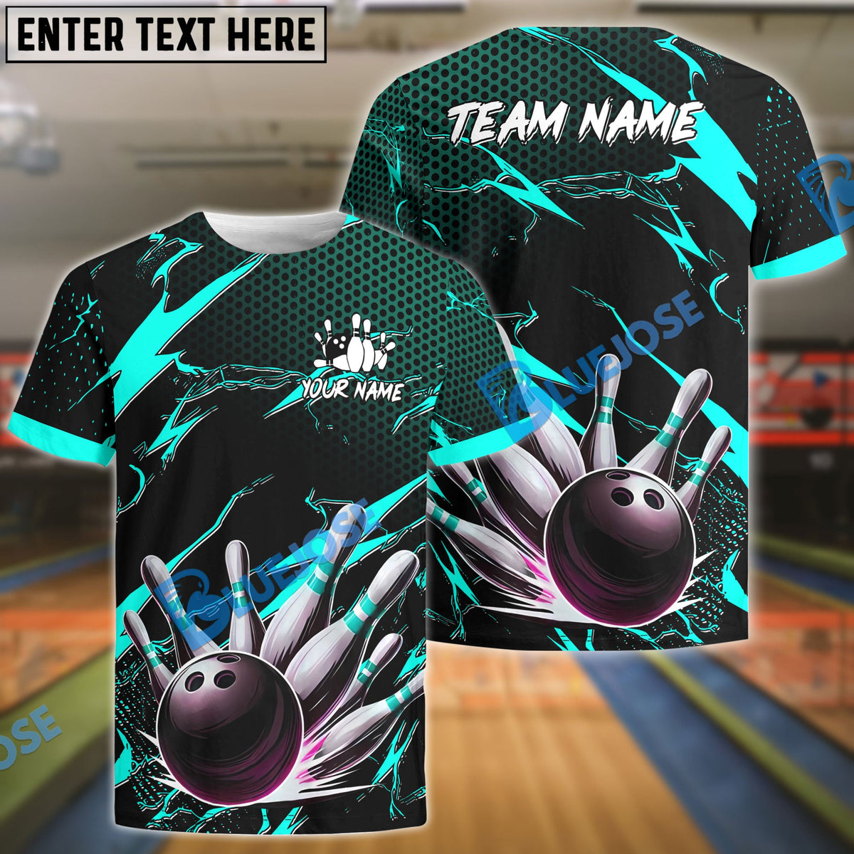 BlueJose Bowling And Pins Thunder Pattern Customized Name, Team Name 3D Shirt (4 Colors)