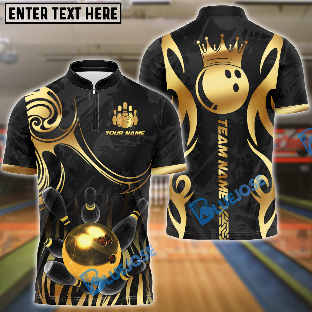 BlueJose Bowling & Pins Golden Crown King Luxury Style Customized Name, Team Name 3D Shirt (6 Colors)