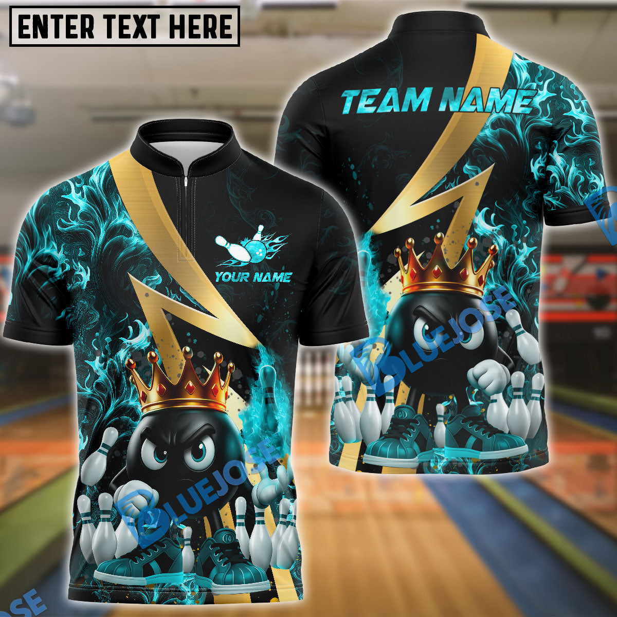 BlueJose Bowling And Pins Royal Flames Customized Name, Team Name 3D Shirt (4 Colors)