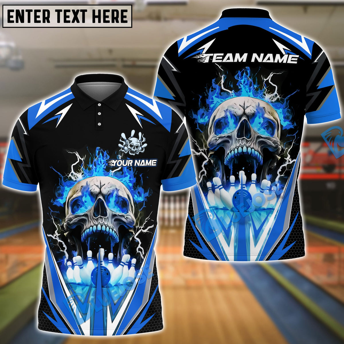 BlueJose Bowling And Pins Flaming Into Skull Strike Customized Name, Team Name 3D Shirt (4 Colors)