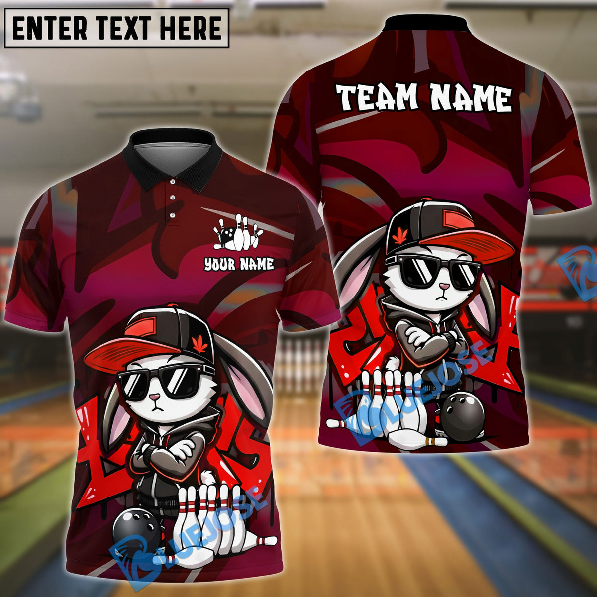 BlueJose Bowling And Pins Street Graffiti Bunny Cartoon Customized Name, Team Name 3D Shirt (4 Colors)