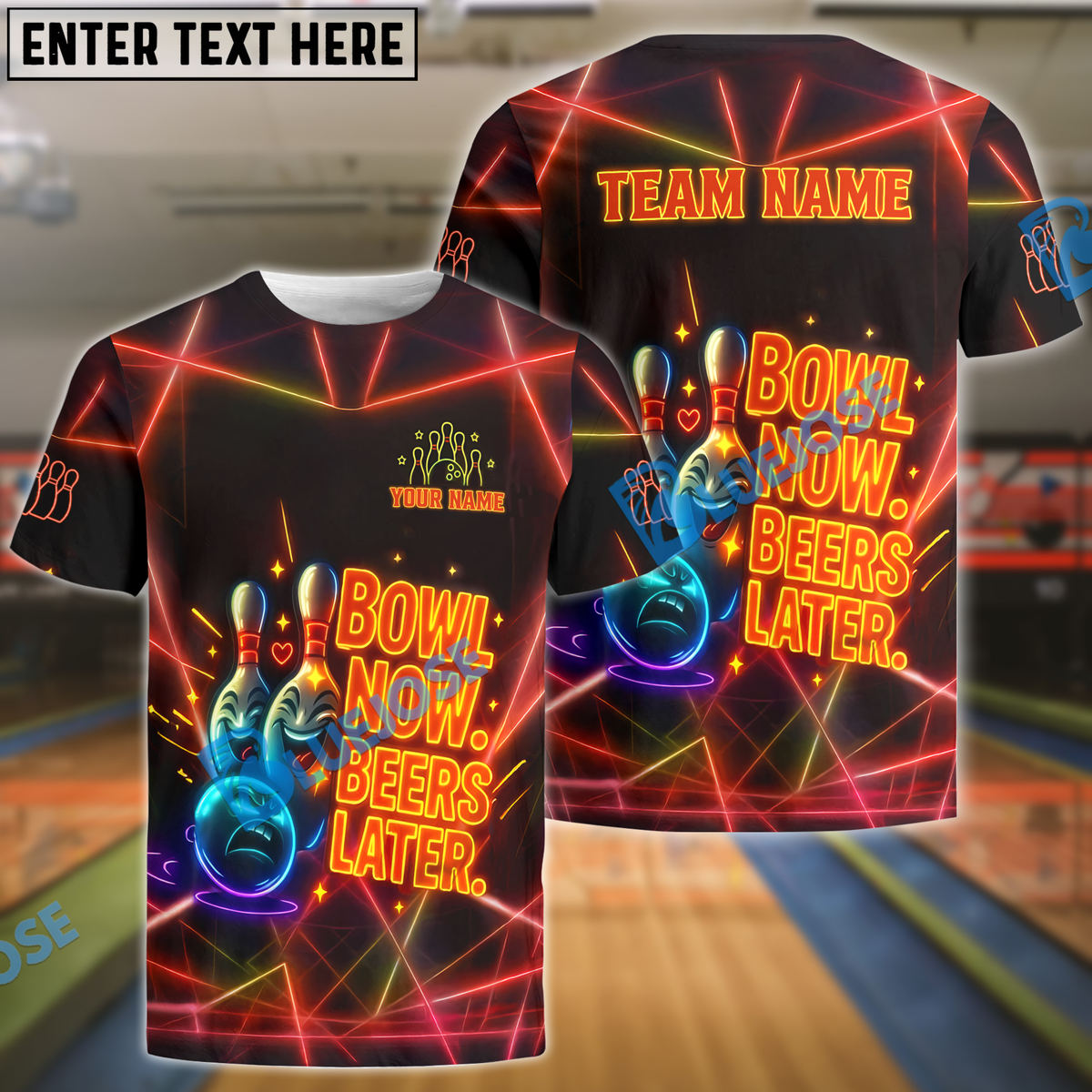 BlueJose Bowling And Pins Neon Now Beers Later Funny Quote Customized Name 3D Shirt (4 Colors)