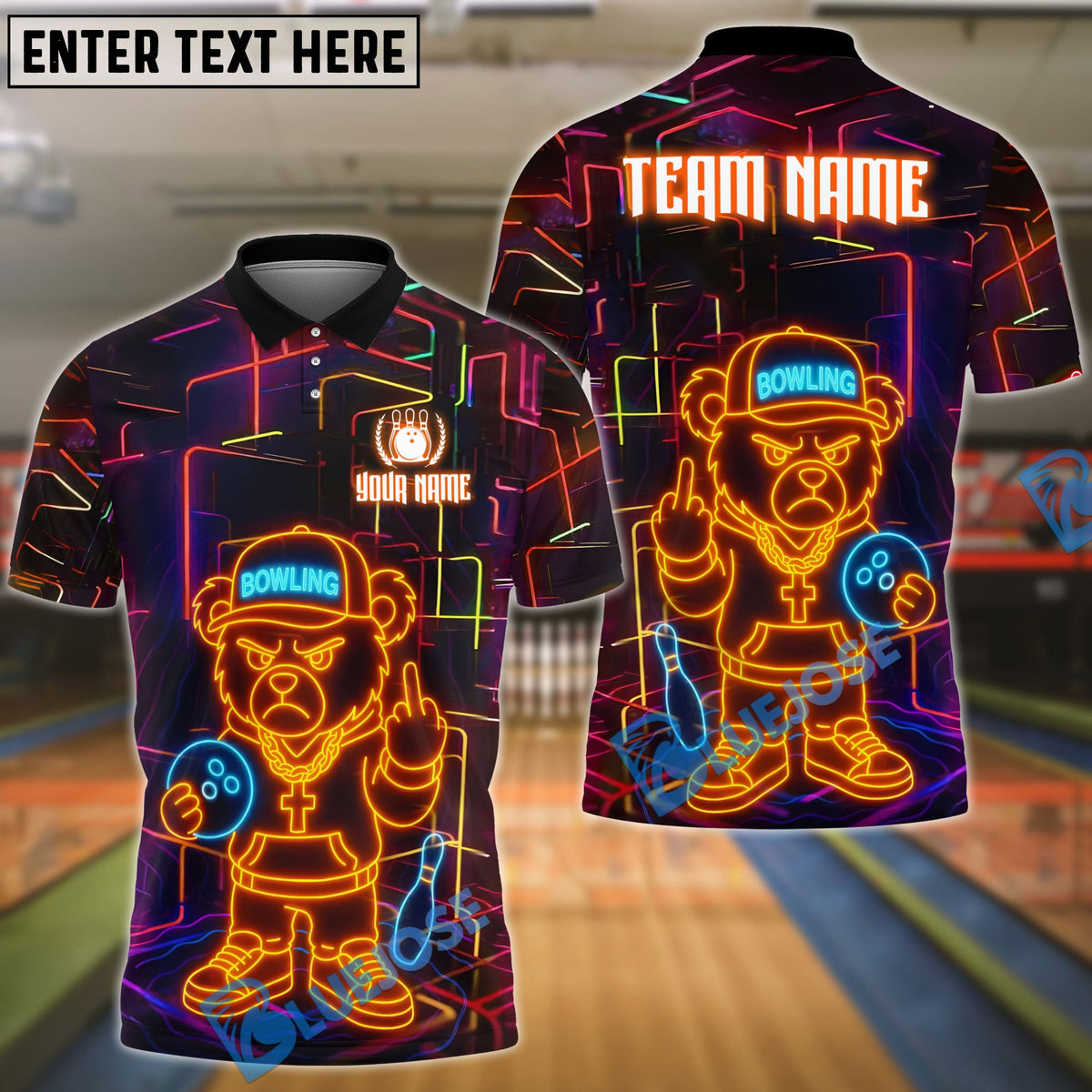 BlueJose Bowling And Pins Bear Crossed Arms Neon Customized Name, Team Name 3D Shirt (4 Colors)