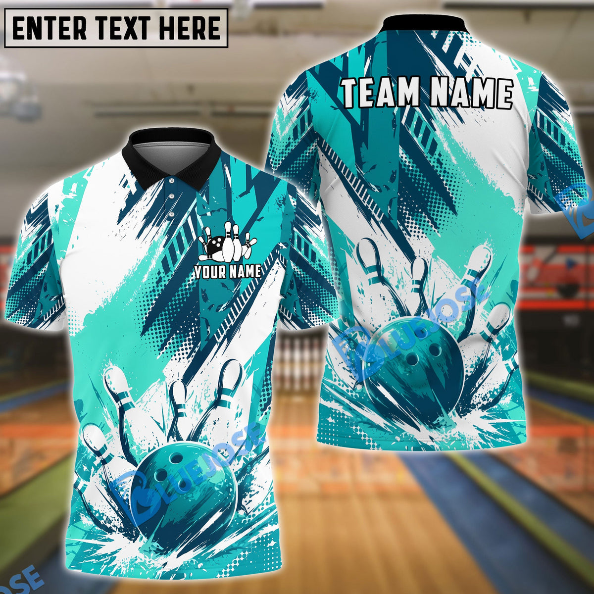 BlueJose Bowling And Pins Splash Grunge Customized Name, Team Name 3D Shirt (6 Colors)