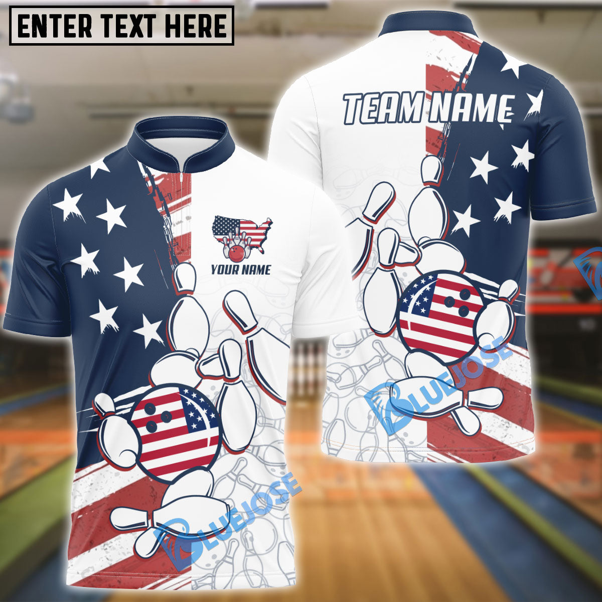 BlueJose Bowling And Pins Liberty Roll US Flag Personalized Name And Team Name 3D Shirt