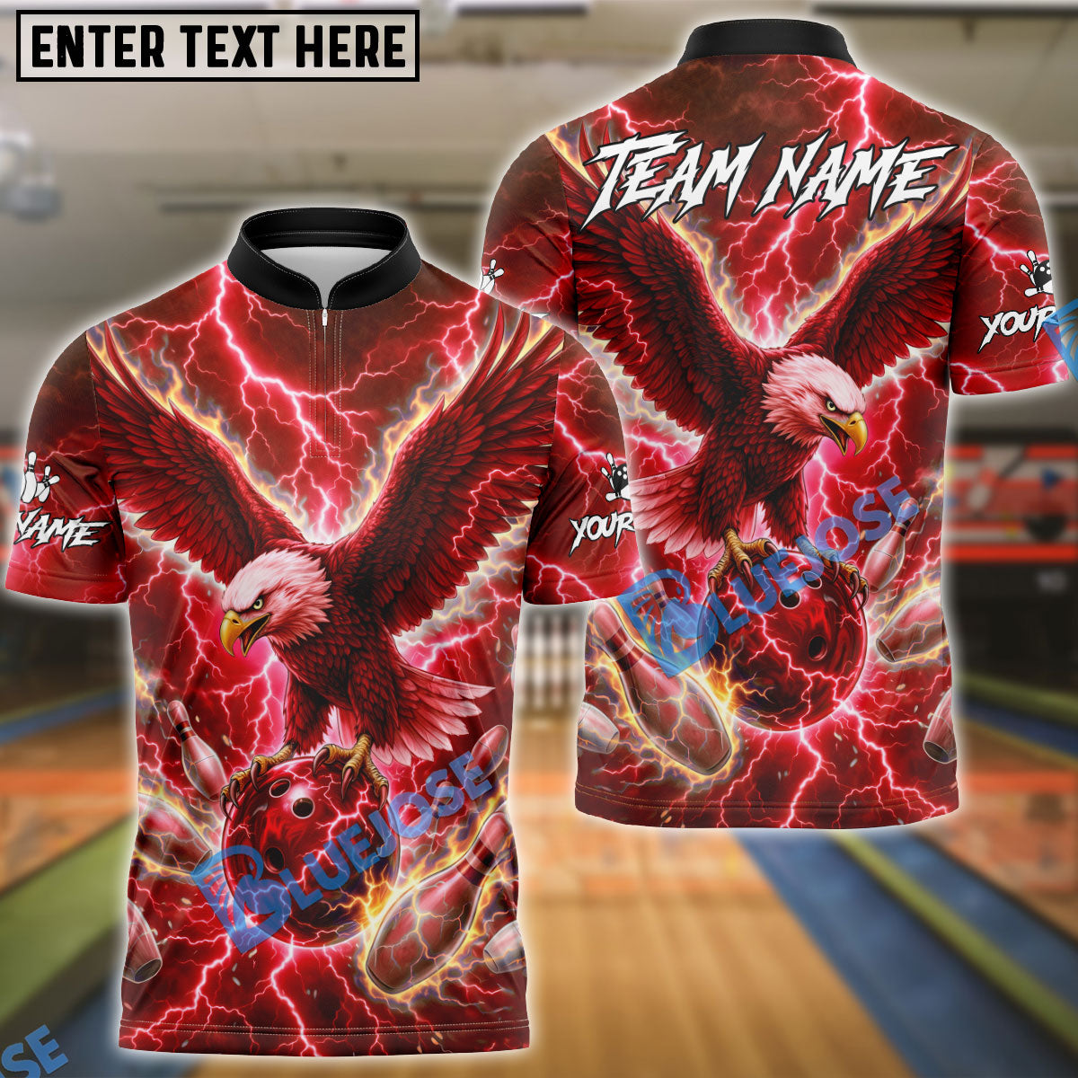 BlueJose Bowling & Pins Electric Eagle Lightning Strike Customized Name, Team Name 3D Shirt (4 Colors)