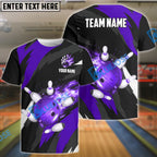 BlueJose Bowling And Pins Flaming Throw Customized Name 3D Shirt - Purple