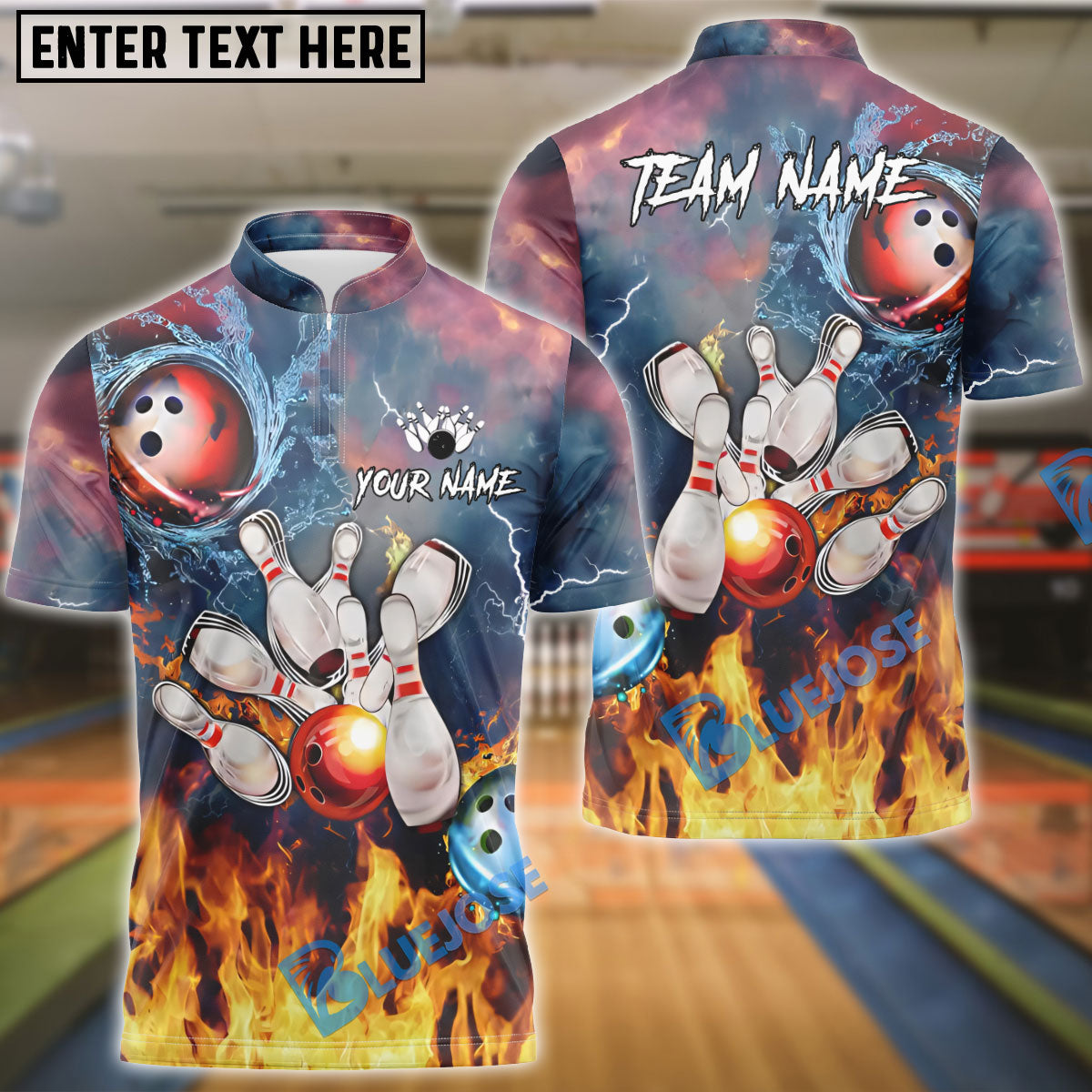 BlueJose Bowling Fire And Water Customized Name, Team Name 3D Shirt