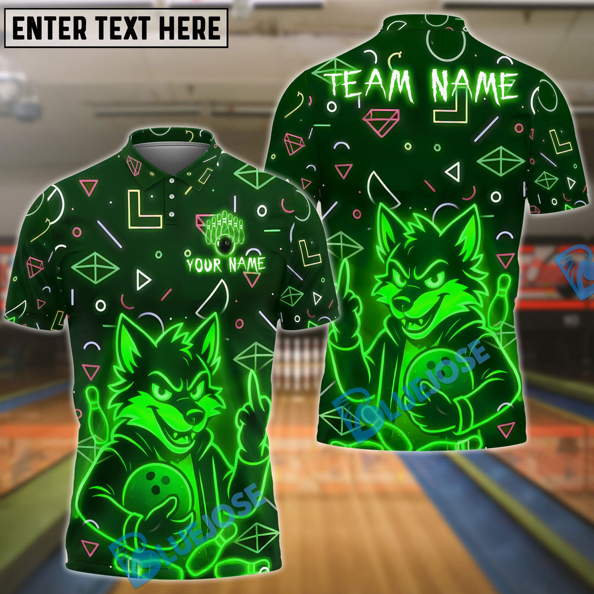 BlueJose Bowling And Pins Neon Angry Wolf Design Customized Name, Team Name 3D Shirt (4 Colors)