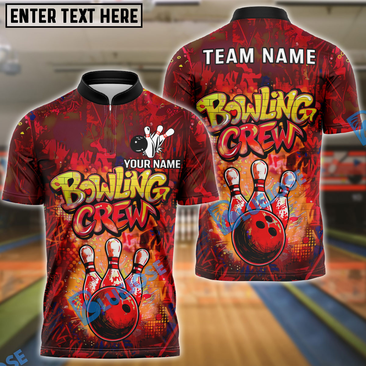 BlueJose Bowling And Pins Spray Bowling Crew Customized Name, Team Name 3D Shirt (4 Colors)