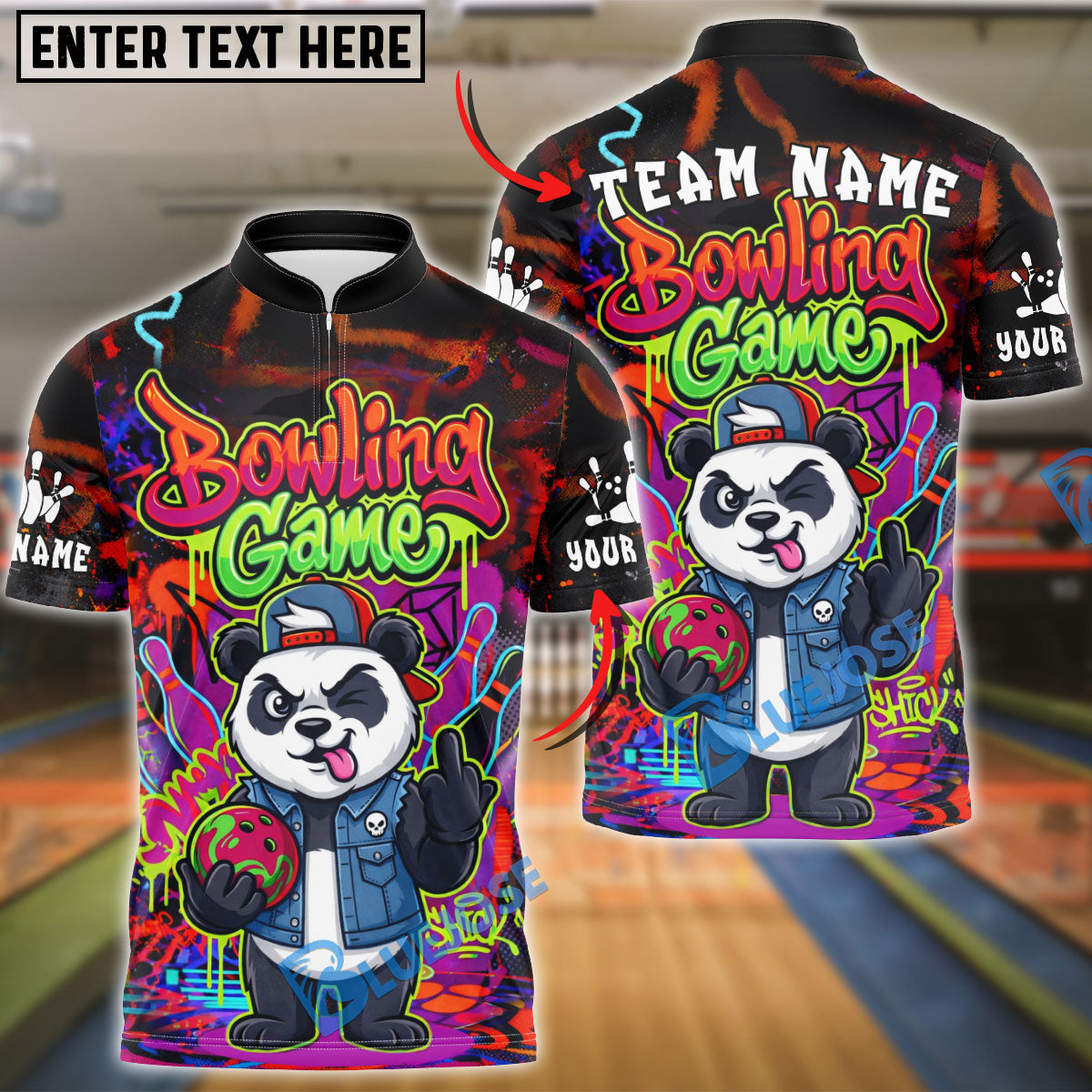 BlueJose Bowling Panda Graffiti Street Art Customized Name, Team Name 3D Shirt (4 Colors)