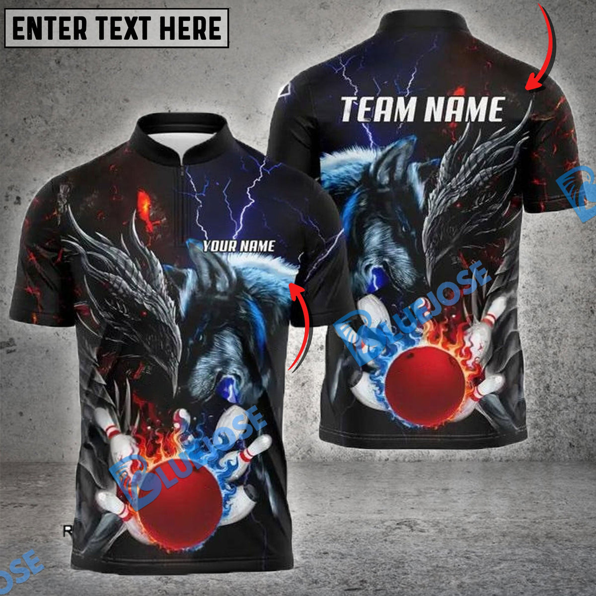 BlueJose Bowling And Pins Dragon And Wolf Multicolor Customized Name Shirt (4 Colors)