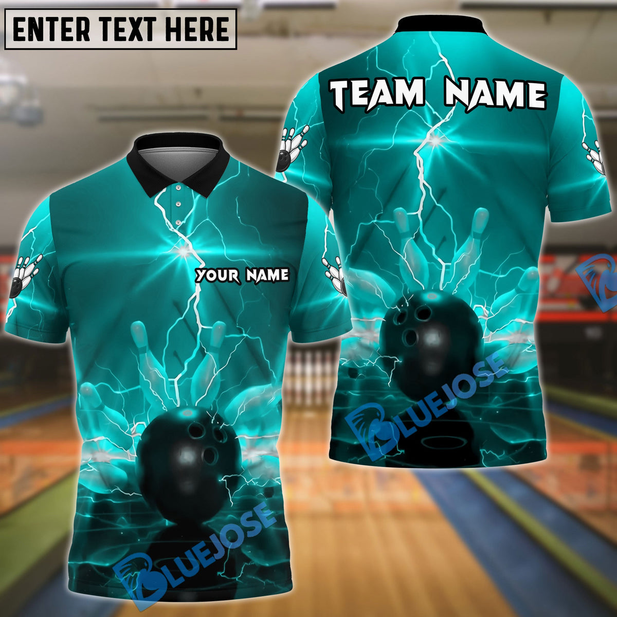 BlueJose Bowling And Pins Lightning Glow Storm Customized Name, Team Name 3D Shirt (4 Colors)
