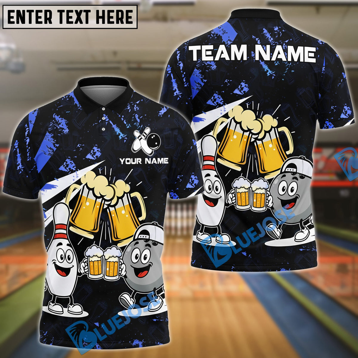 BlueJose Bowling And Pins Funny Beer & Bowling Pins Cartoon Design Customized Name, Team Name 3D Shirt (6 Colors)