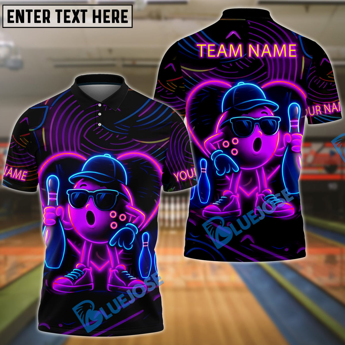 BlueJose Bowling Ball & Pins Neon Funny Customized Name, Team Name 3D Shirt (4 Colors)