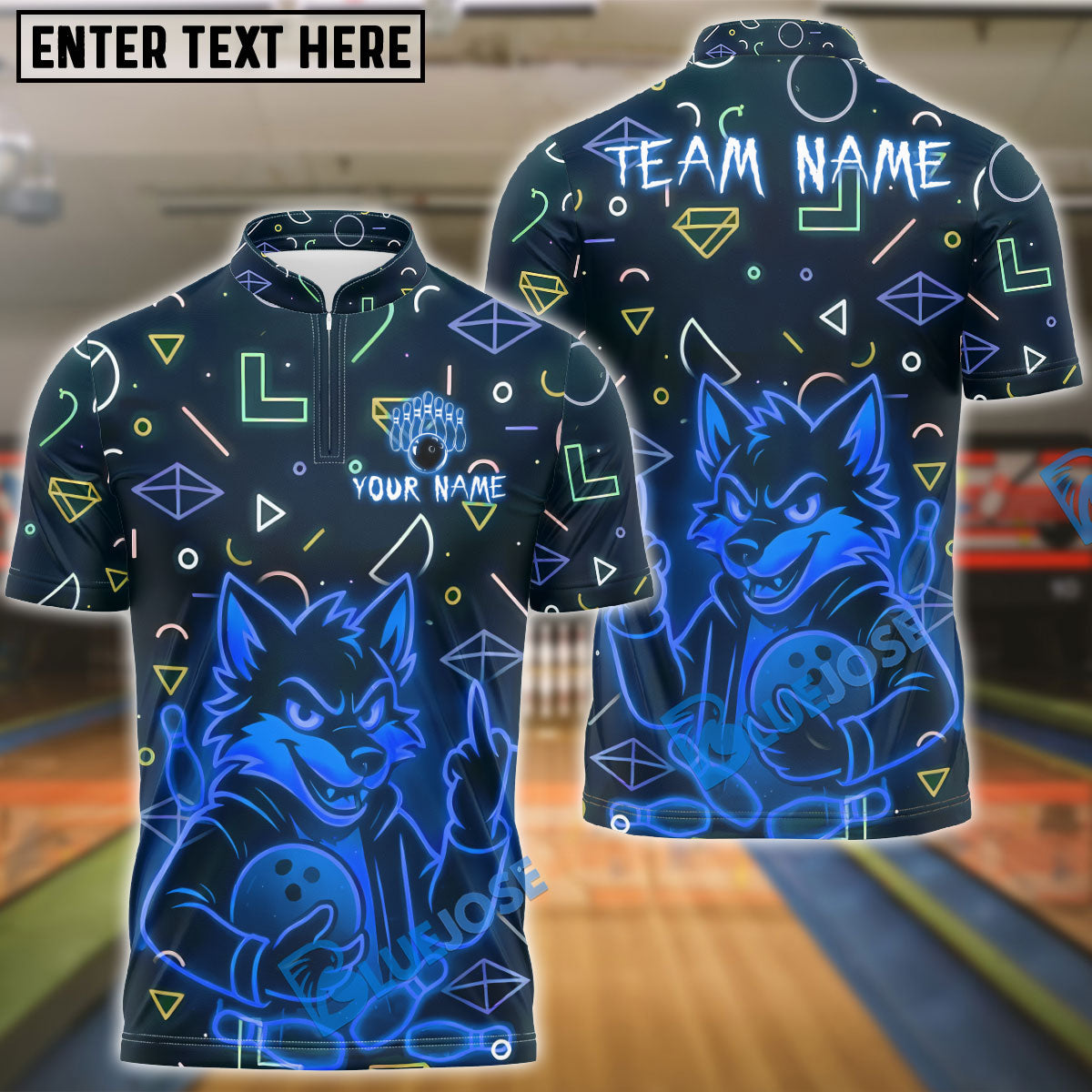 BlueJose Bowling And Pins Neon Angry Wolf Design Customized Name, Team Name 3D Shirt (4 Colors)