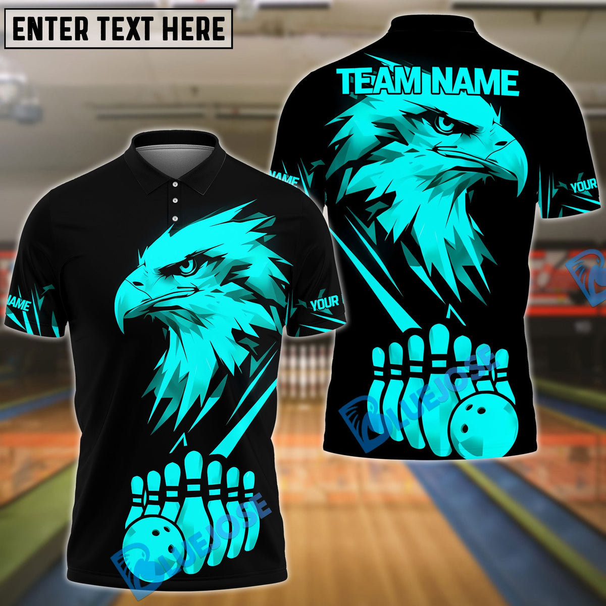 BlueJose Bowling Golden Eagle Black Background Customized Name, Team Name 3D Shirt (6 Colors)