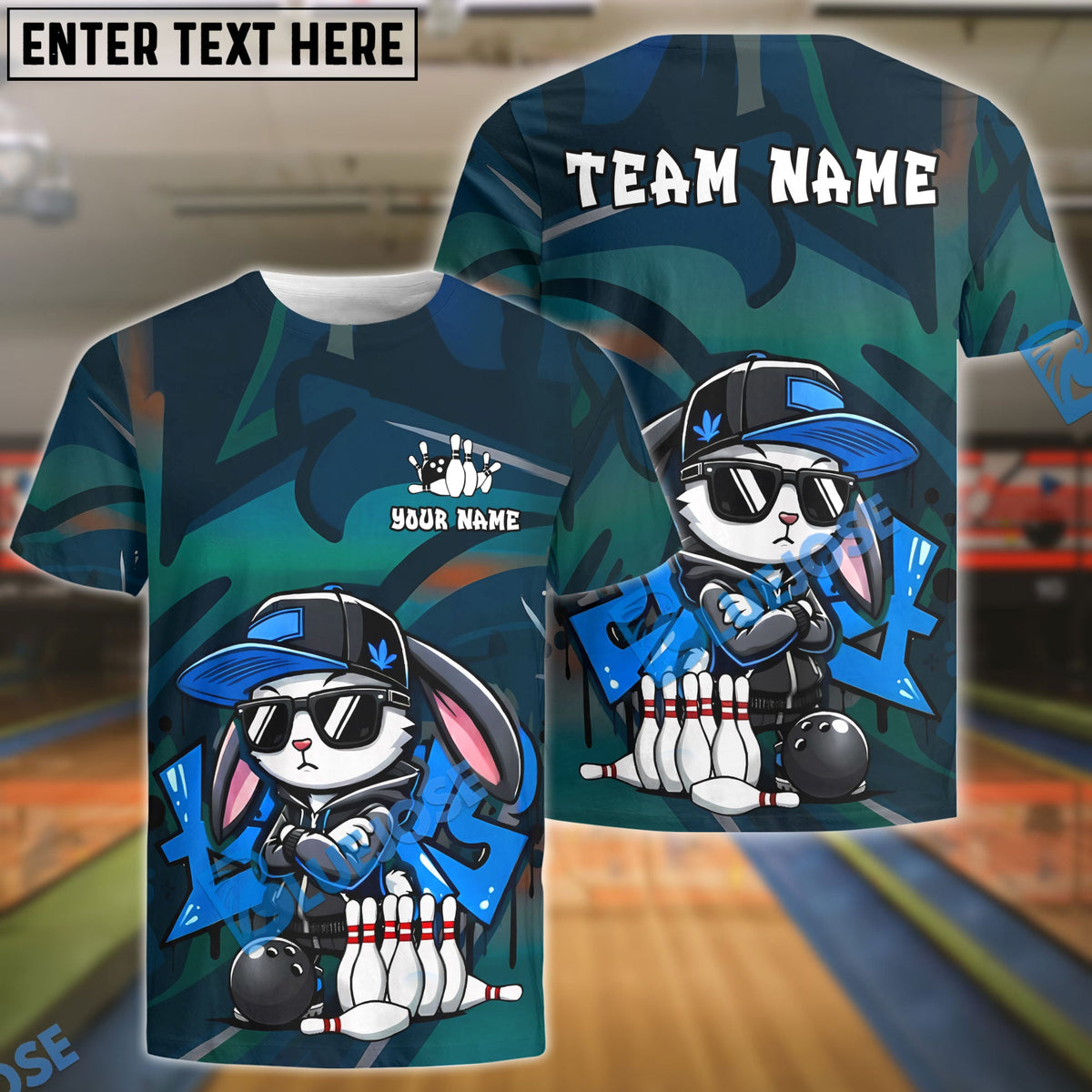 BlueJose Bowling And Pins Street Graffiti Bunny Cartoon Customized Name, Team Name 3D Shirt (4 Colors)