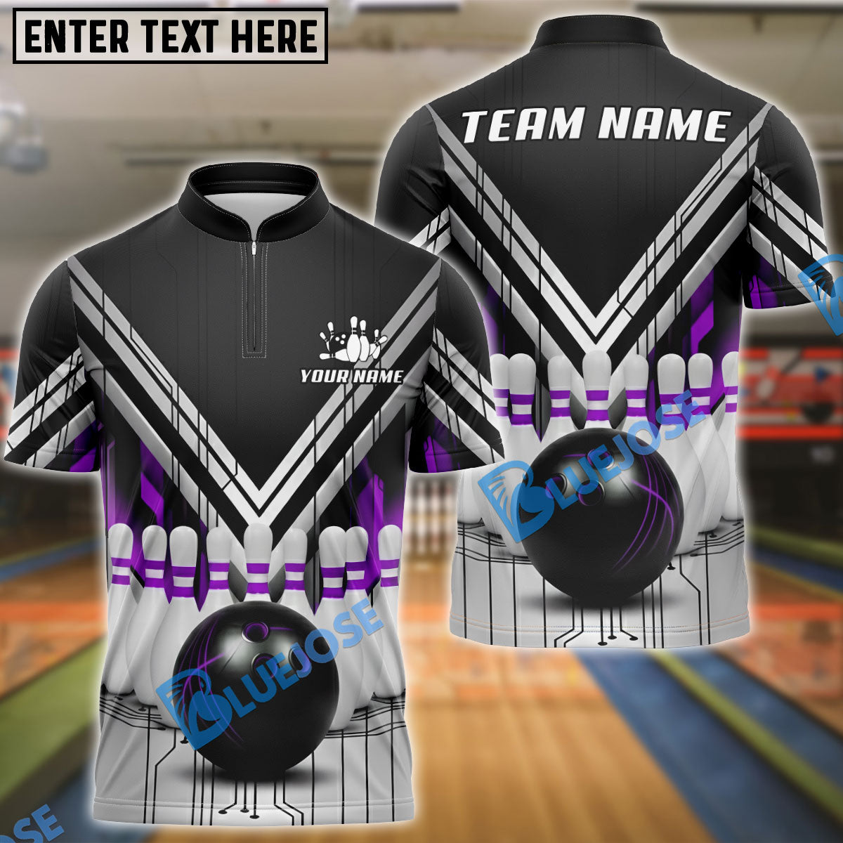 BlueJose Bowling And Pin Black White Red V-Stripe Strike Ball & Pins 3D Design Customized Name, Team Name 3D Shirt (6 Colors)