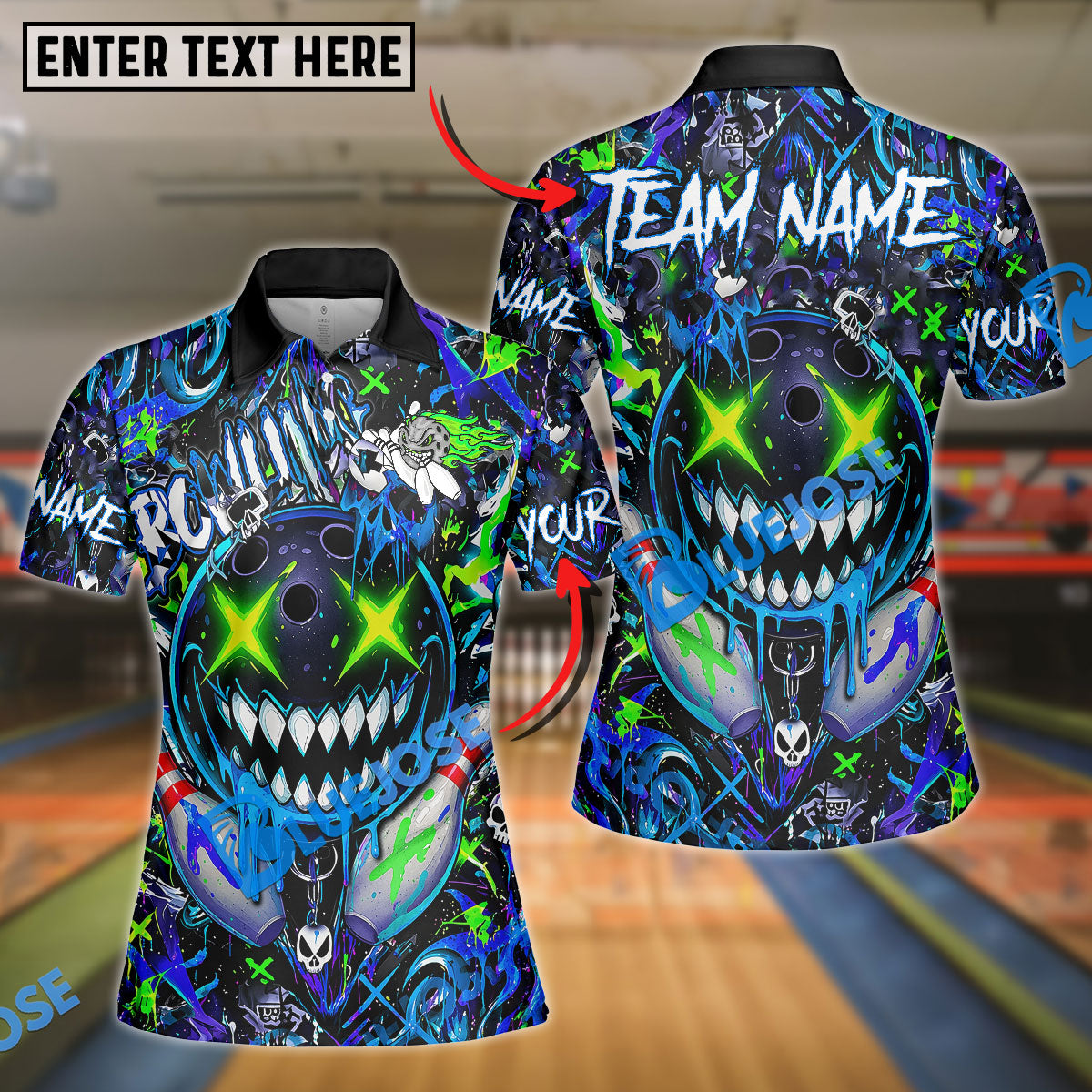 BlueJose Bowling And Pins Crazy Smile Neon Graffiti Customized Name, Team Name 3D Shirt (4 Colors)