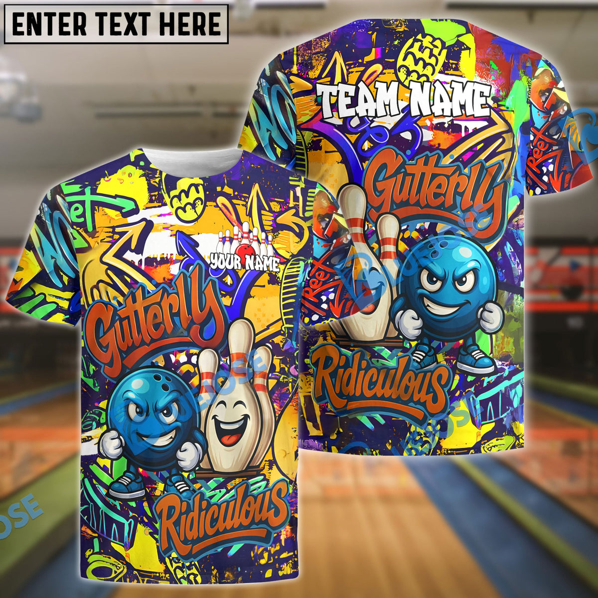BlueJose Bowling And Pins Graffiti Funny Gutterly Ridiculous Customized Name, Team Name 3D Shirt (4 Colors)