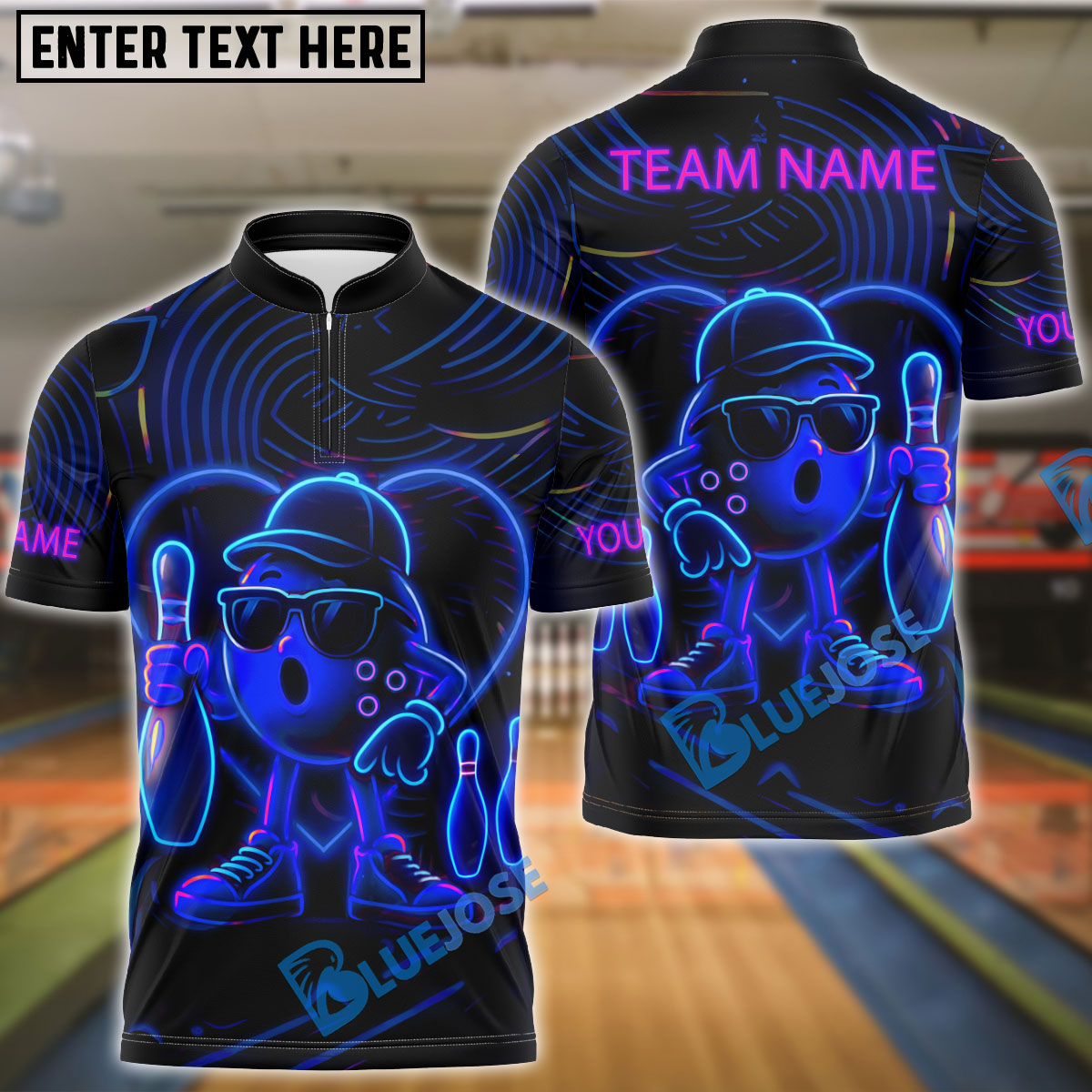 BlueJose Bowling Ball & Pins Neon Funny Customized Name, Team Name 3D Shirt (4 Colors)