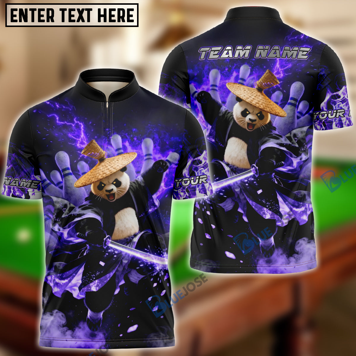 BlueJose Bowling & Pins Panda Warrior Fire Action Customized Name, Team Name 3D Shirt (4 Colors)