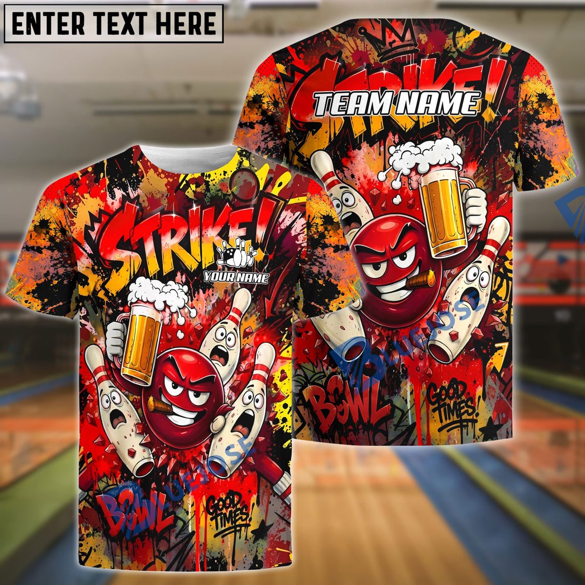 BlueJose Bowling And Pins Strike Boom Good Time Cartoon Beer Party Customized Name, Team Name 3D Shirt (4 Colors)