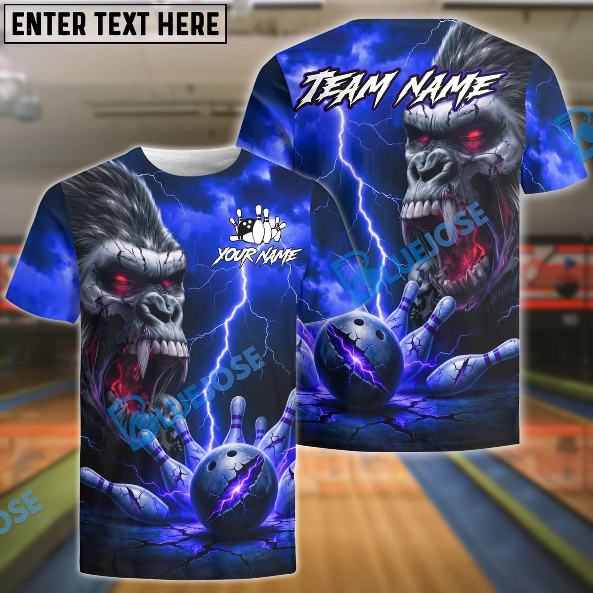 BlueJose Bowling Gorilla Demon Skull Lightning Design Customized Name, Team Name 3D Shirt (4 Colors)