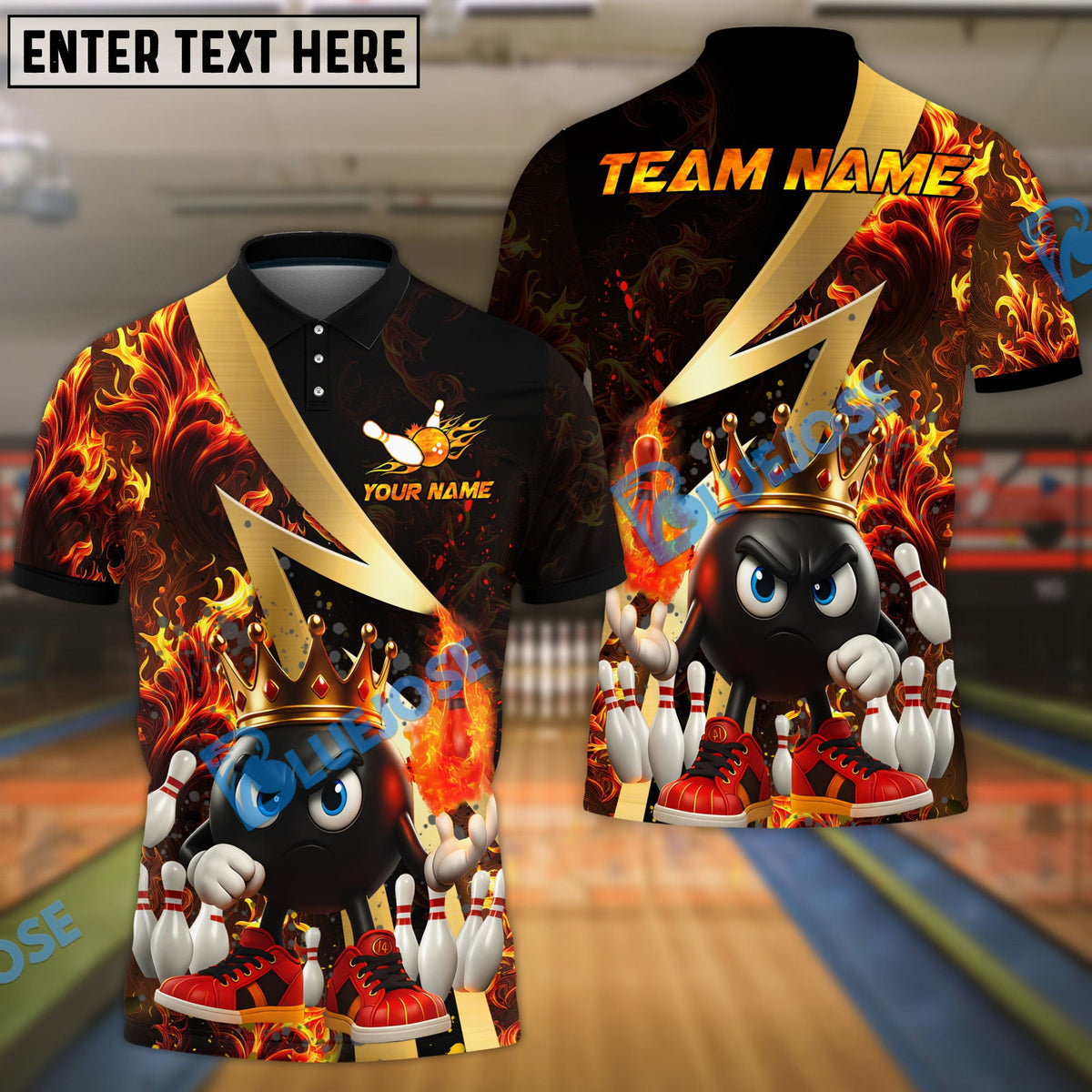 BlueJose Bowling And Pins Royal Flames Customized Name, Team Name 3D Shirt (4 Colors)
