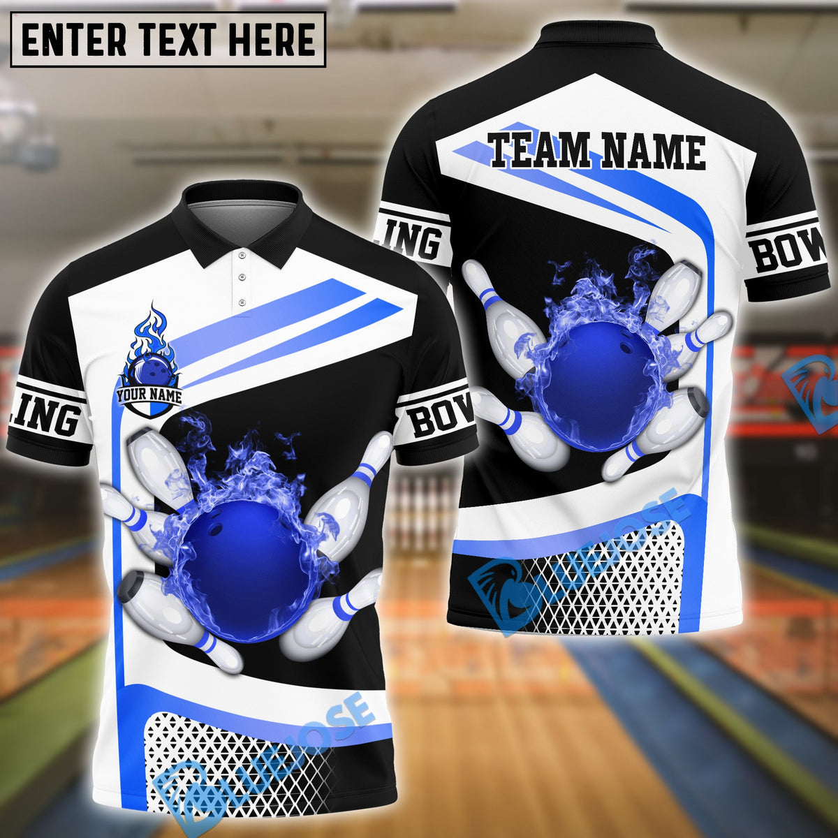 BlueJose Bowling And Pins Golden Flaming Strike Customized Name, Team Name 3D Shirt (4 Colors)
