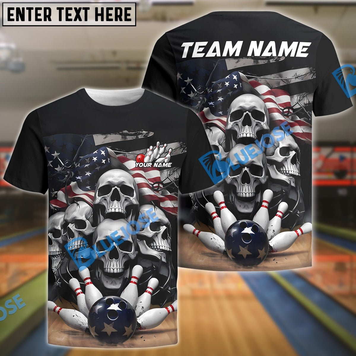 BlueJose Bowling Skull Us Flag Patriot League Customized Name, Team Name 3D Shirt