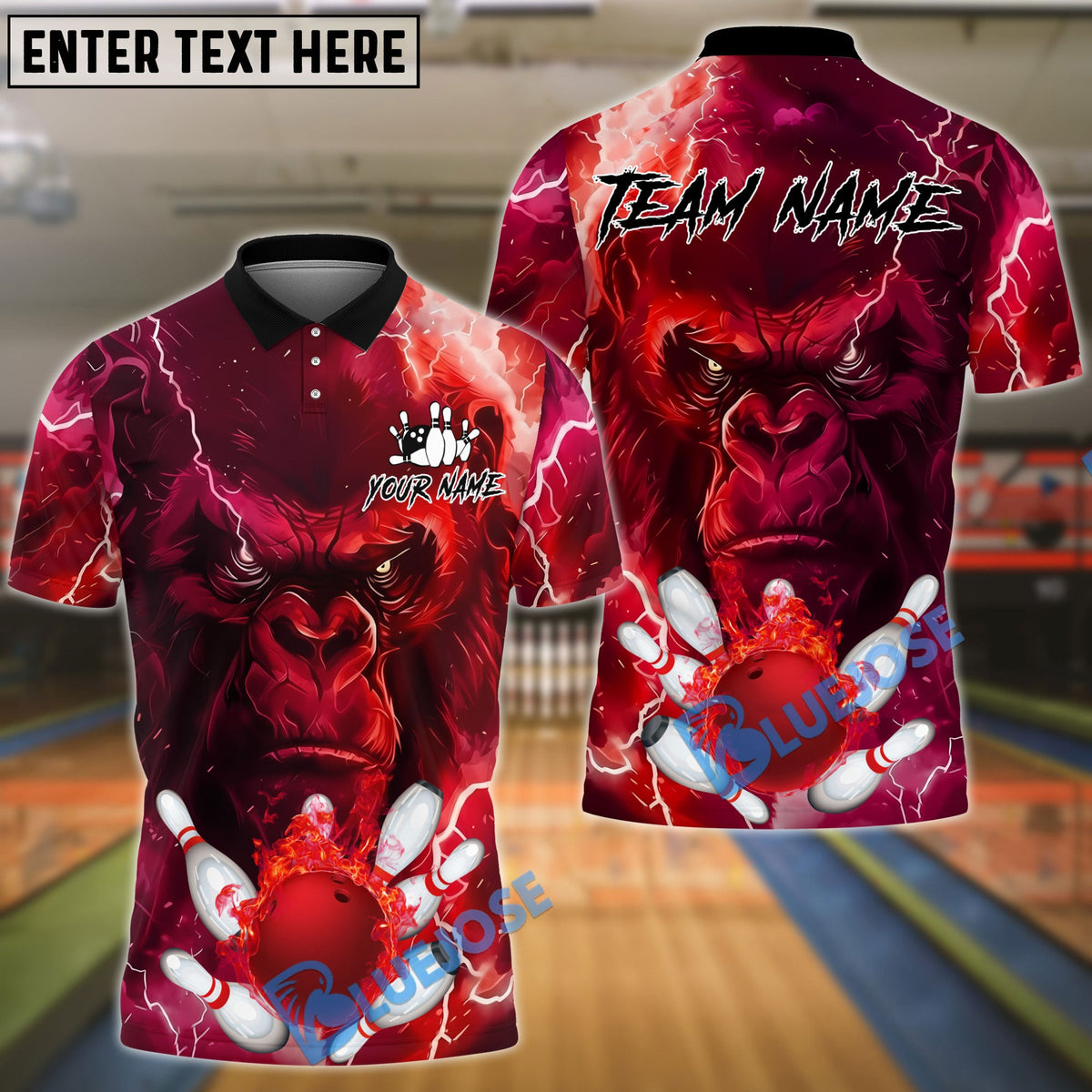 BlueJose Bowling And Pins Angry Gorilla Lightning Customized Name, Team Name 3D Shirt (4 Colors)