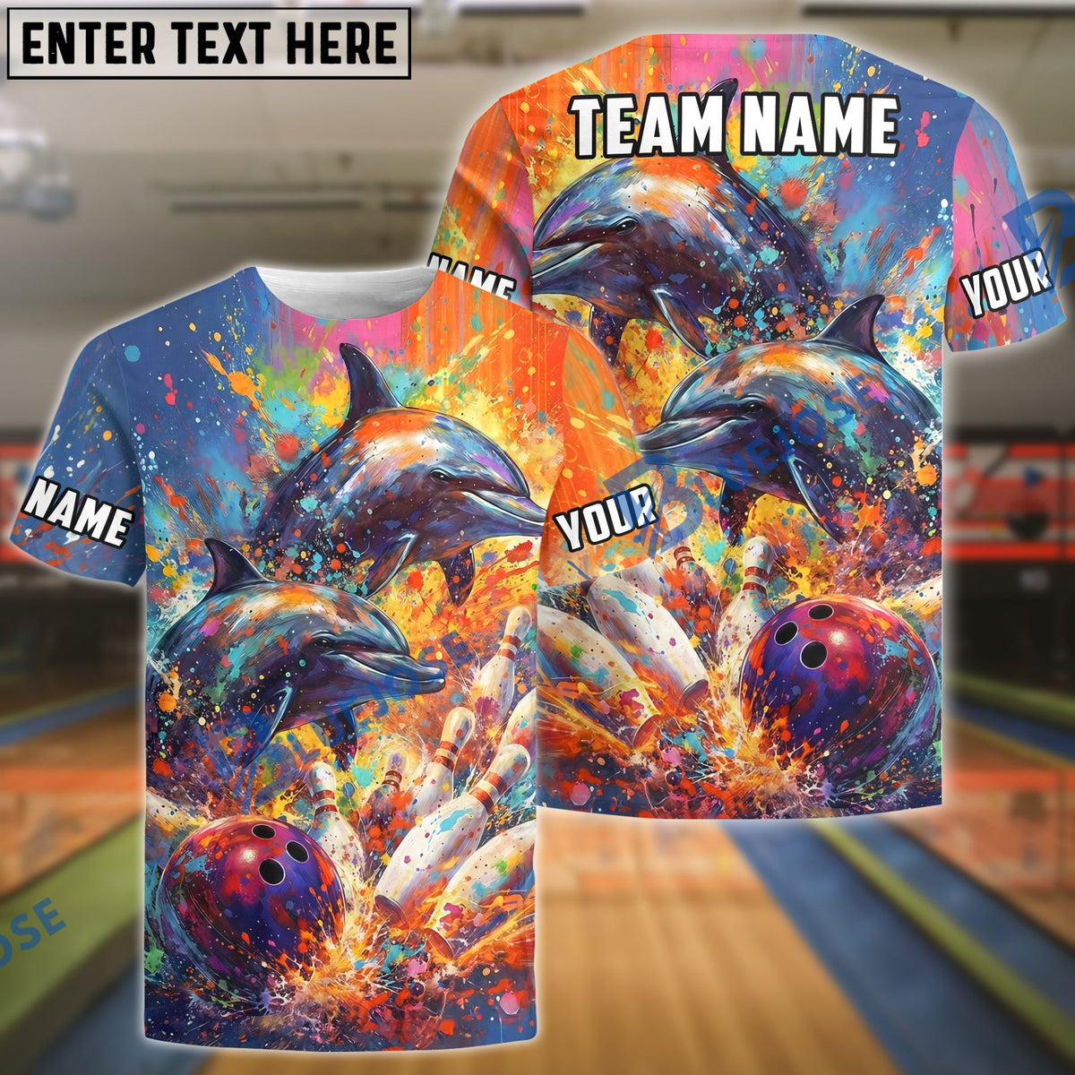 BlueJose Bowling And Pins Abstract Water Dolphin Motion Customized Name, Team Name 3D Shirt