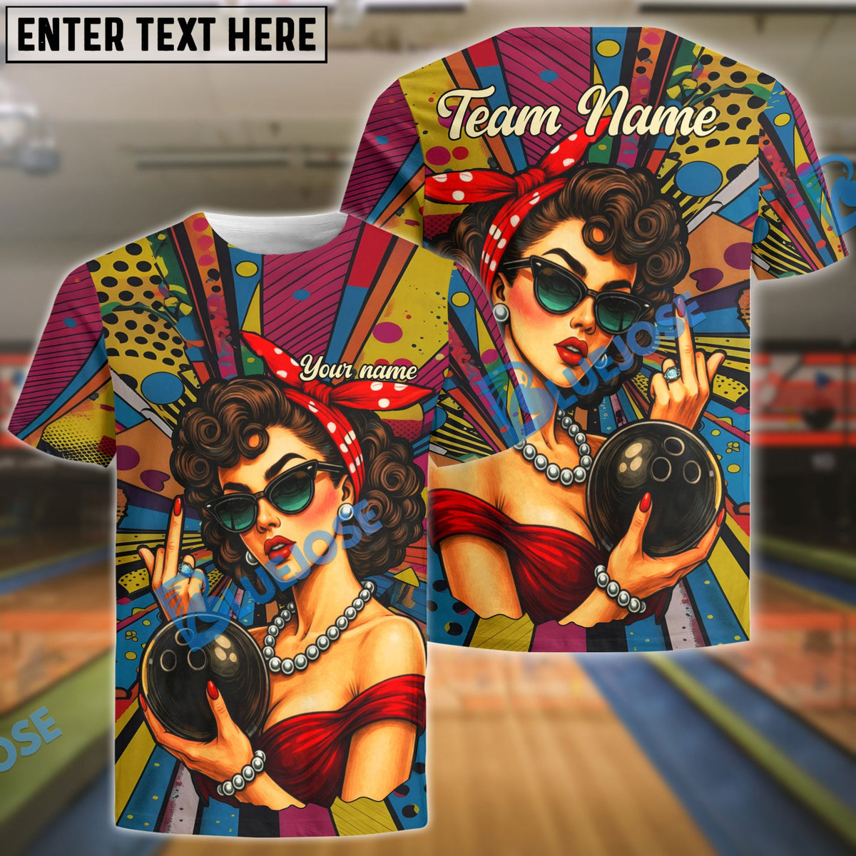 BlueJose Bowling Retro Pin-Up Girl Customized Name, Team Name 3D Shirt (4 Colors)